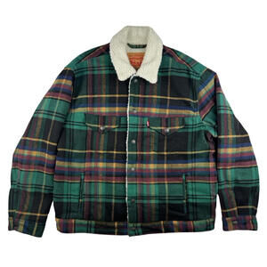 Levi's Plaid Vintage Relaxed Fit Sherpa Lined Trucker Jacket Green Size L